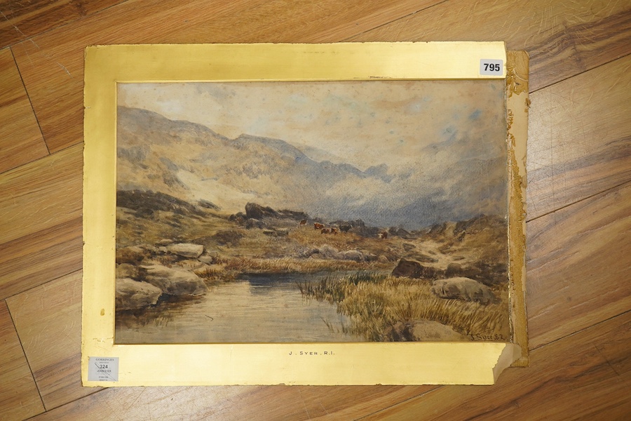 John Syer RI (1815-1885), watercolour, Scottish landscape with highland cattle, signed, unframed, 35 x 52cm. Condition - poor